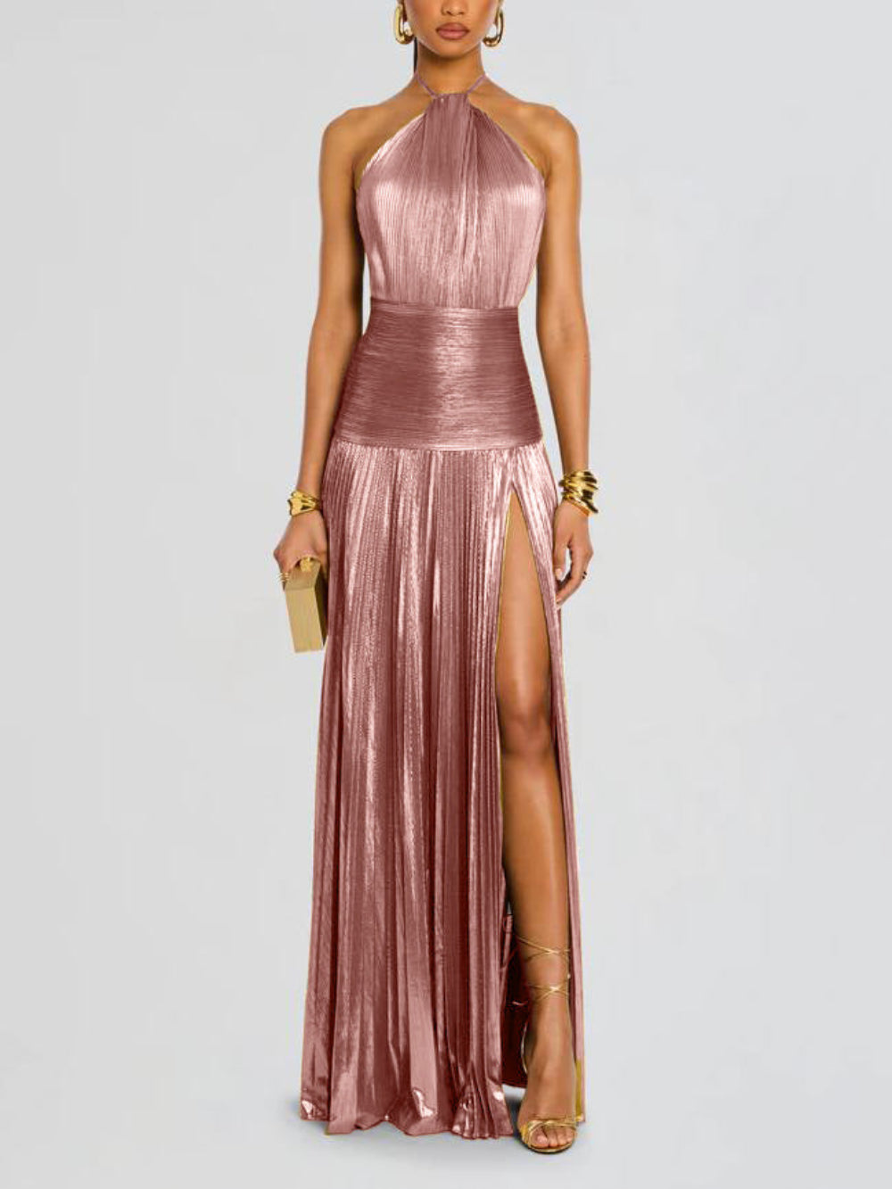 Metallic Pleated Halter Maxi Dress — women's maxi dress by Emyri