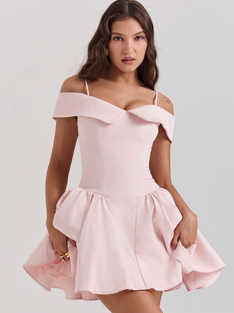 Off-Shoulder Pink Mini Dress — women's mini dress, view 3 by Emyri