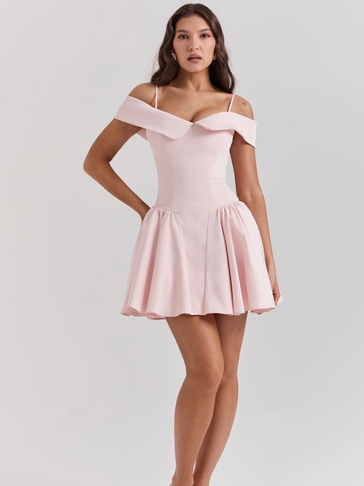 Off-Shoulder Pink Mini Dress — women's mini dress, view 4 by Emyri