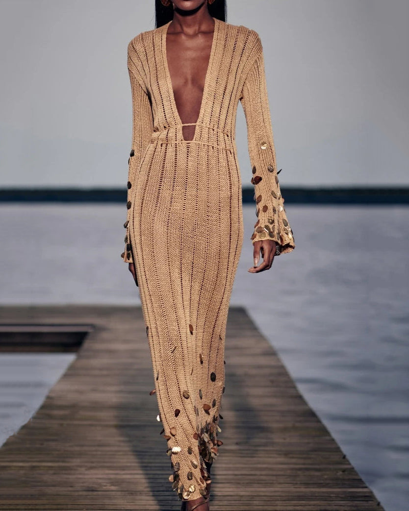 Sequin Sleeve Knit Maxi Dress