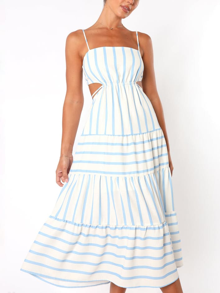 Open-Back Shirred Stripe Midi Dress