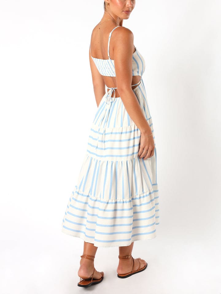 Open-Back Shirred Stripe Midi Dress