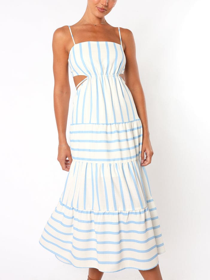 Open-Back Shirred Stripe Midi Dress