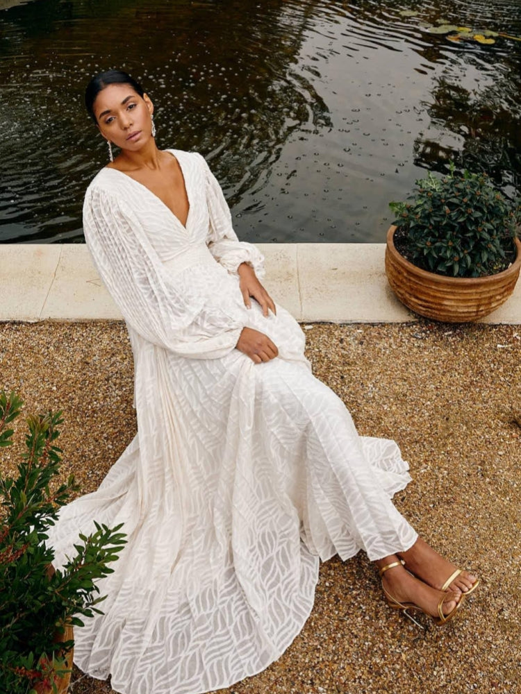 Pleated Devore Puff Sleeve Maxi Dress — women's maxi dress, view 3 by Emyri