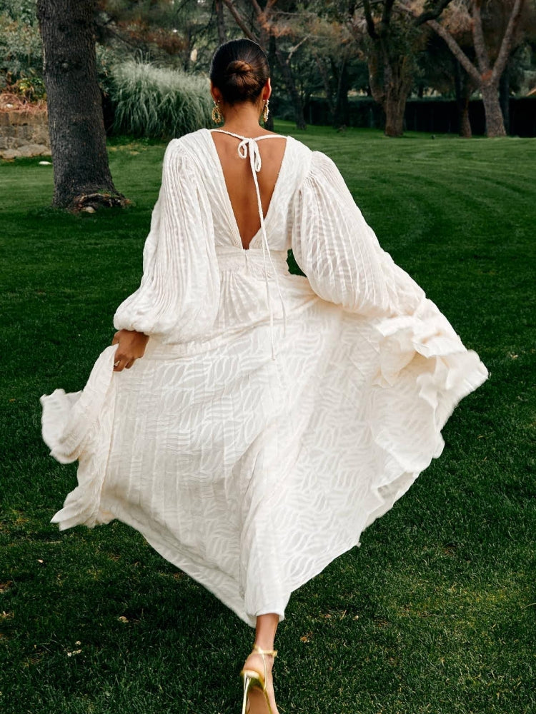 Pleated Devore Puff Sleeve Maxi Dress — women's maxi dress, view 5 by Emyri