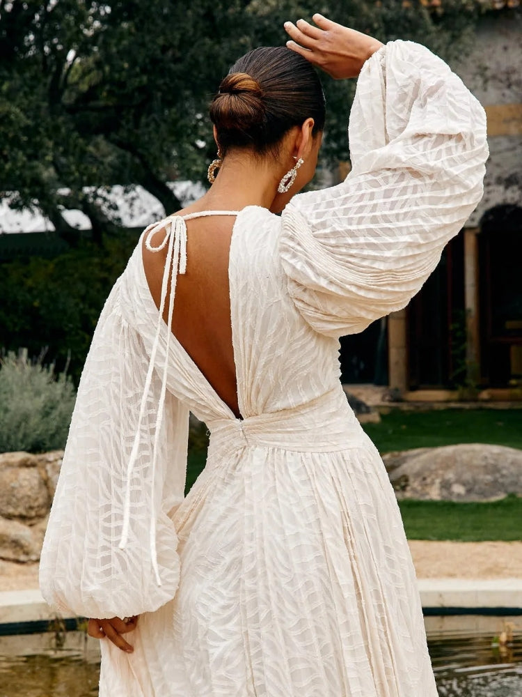 Pleated Devore Puff Sleeve Maxi Dress — women's maxi dress, view 6 by Emyri