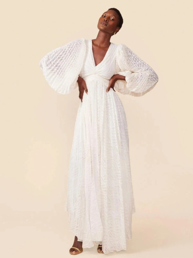 Pleated Devore Puff Sleeve Maxi Dress — women's maxi dress, view 7 by Emyri