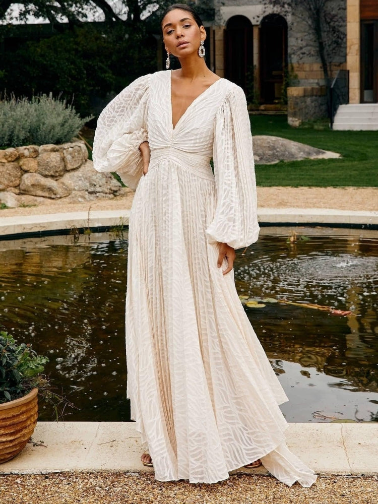 Pleated Devore Puff Sleeve Maxi Dress — women's maxi dress by Emyri