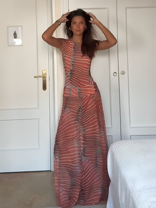 Printed Mesh Top & Maxi Skirt Set — women's two-piece set, view 8 by Emyri