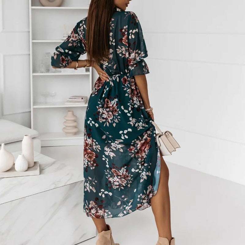 Printed Side-Slit Midi Dress — women's midi dress, view 5 by Emyri