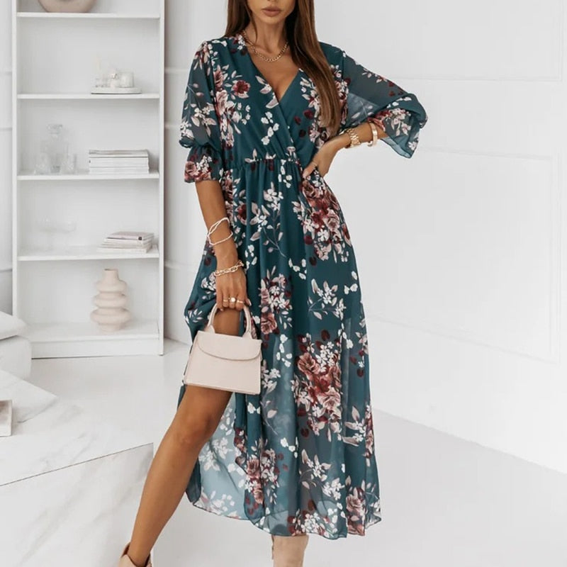 Printed Side-Slit Midi Dress — women's midi dress, view 8 by Emyri