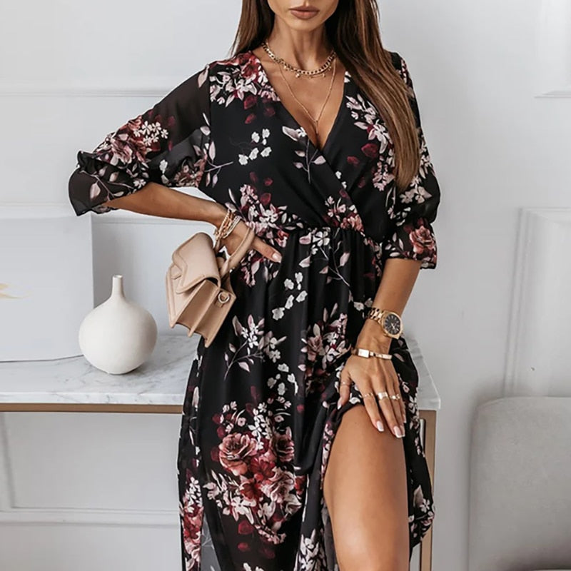 Printed Side-Slit Midi Dress — women's midi dress by Emyri