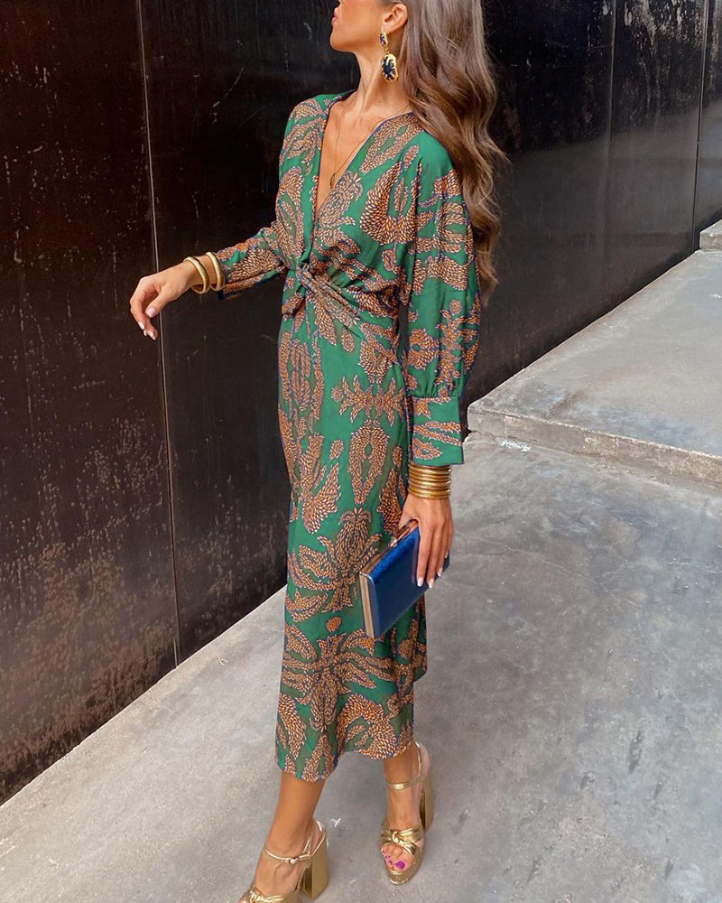 Printed Wrap Waist Midi Dress — women's midi dress, view 3 by Emyri