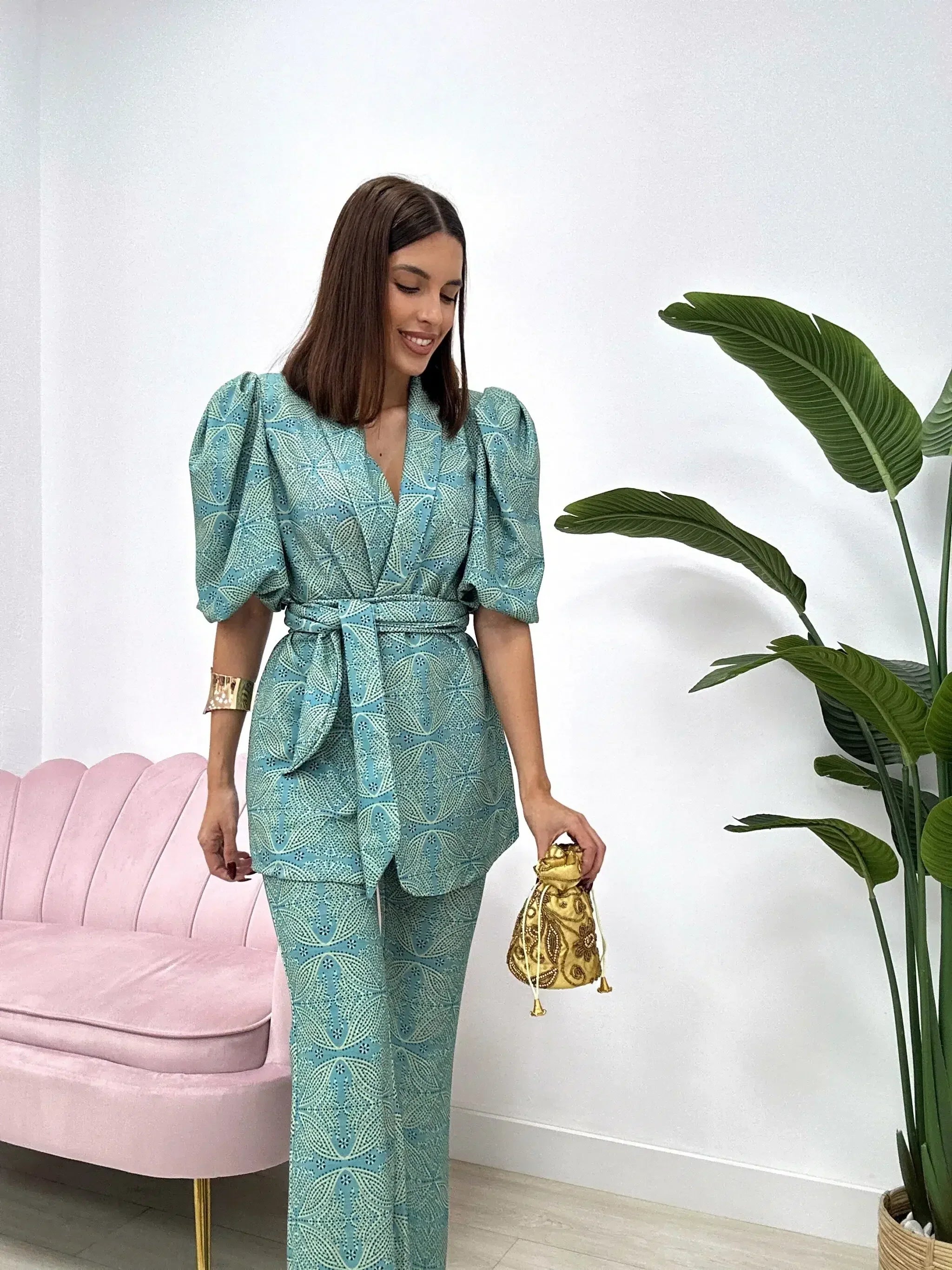 Puff Sleeve Wide Leg Trouser Set — women's two piece set, view 4 by Emyri