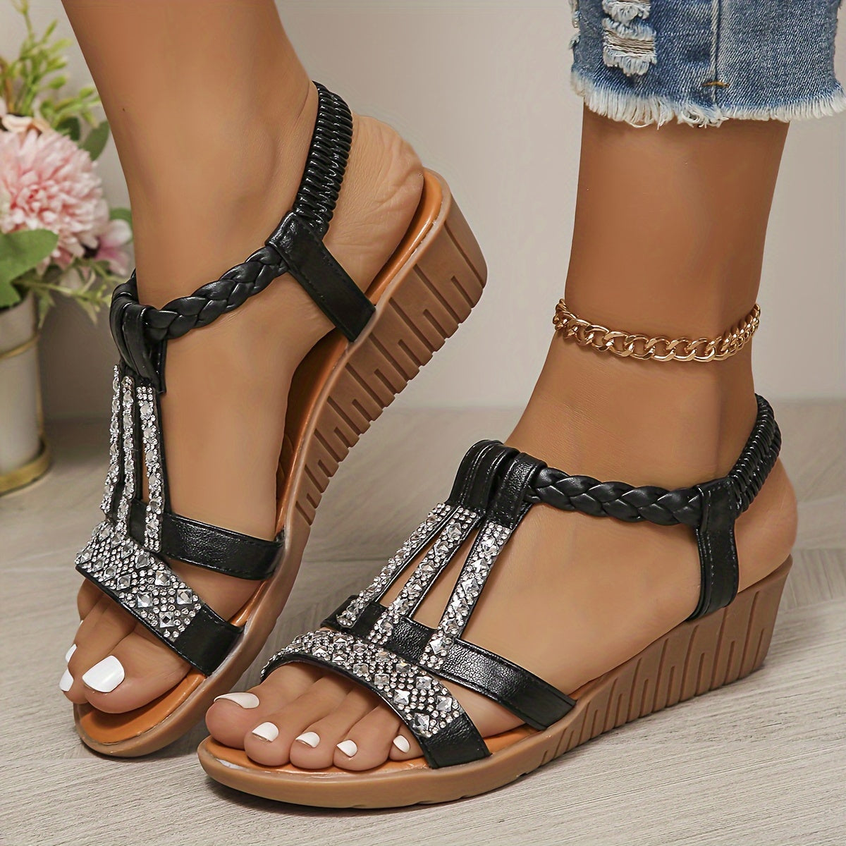 Rhinestone T-Strap Wedge Sandals — women's wedge sandals, view 6 by Emyri