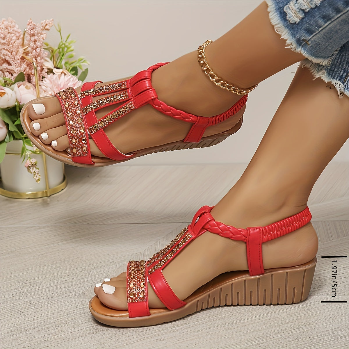 Rhinestone T-Strap Wedge Sandals — women's wedge sandals, view 9 by Emyri