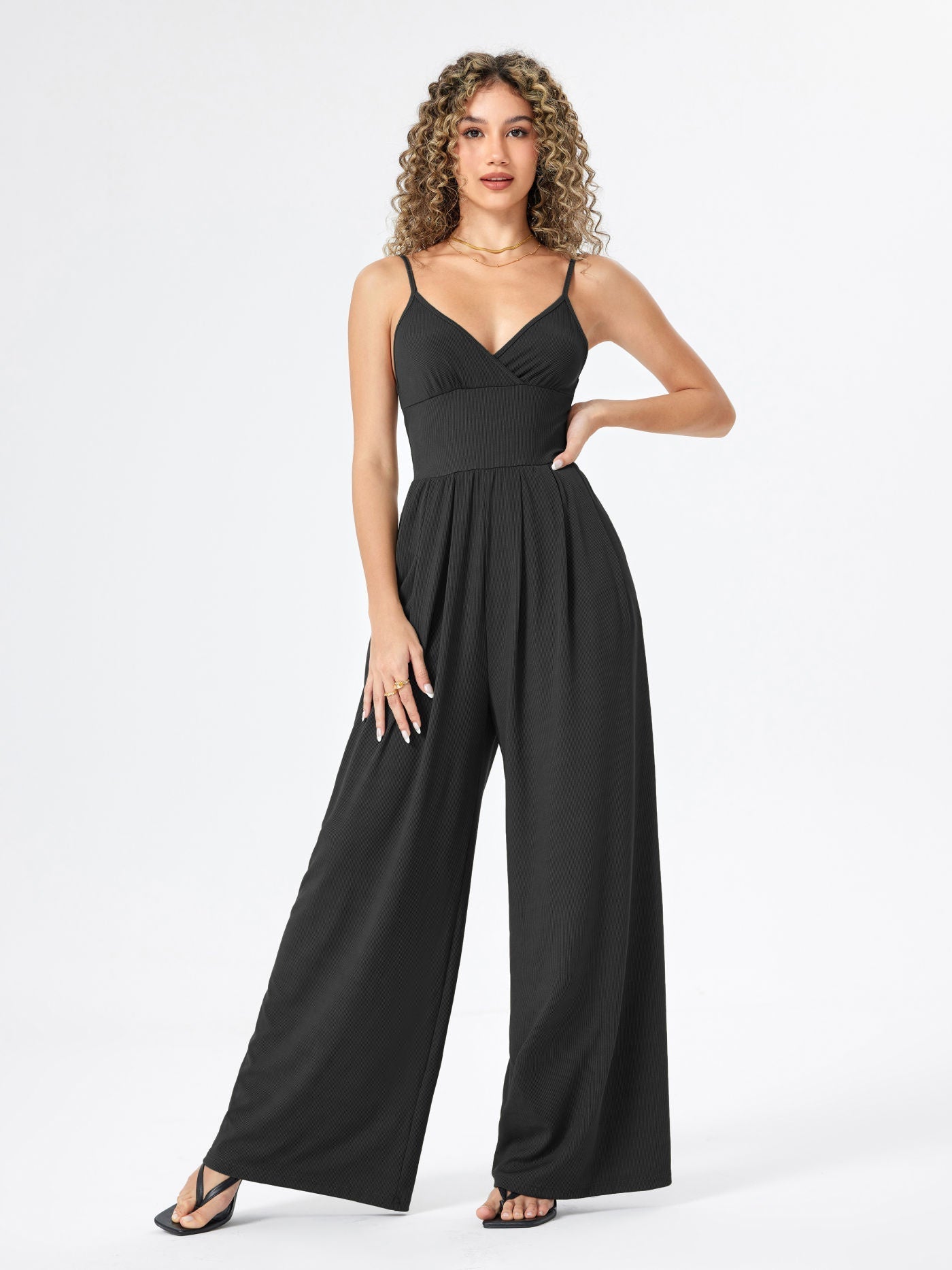 Ribbed V-Neck Wide-Leg Jumpsuit — women's jumpsuit, view 3 by Emyri