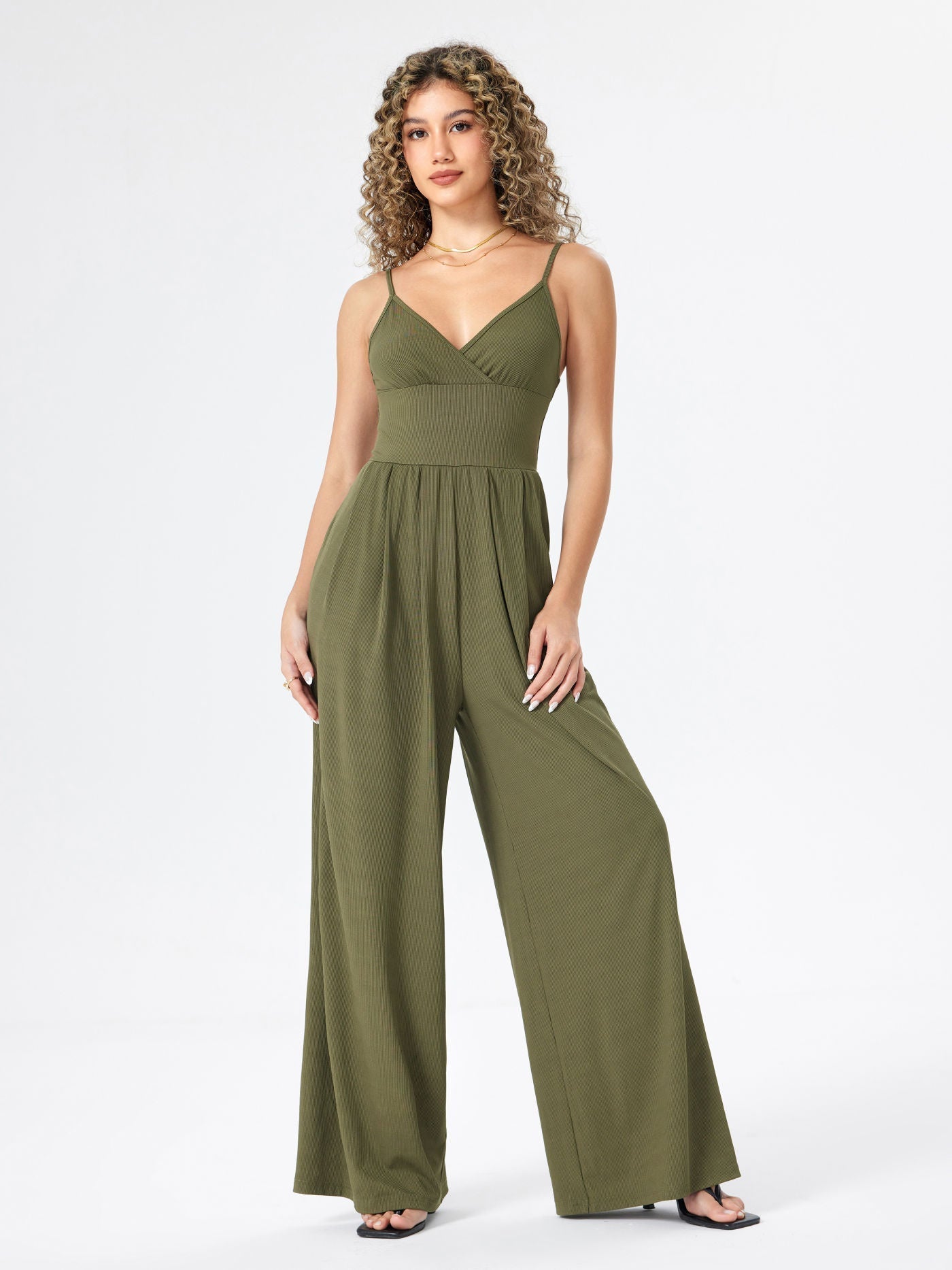 Ribbed V-Neck Wide-Leg Jumpsuit — women's jumpsuit by Emyri