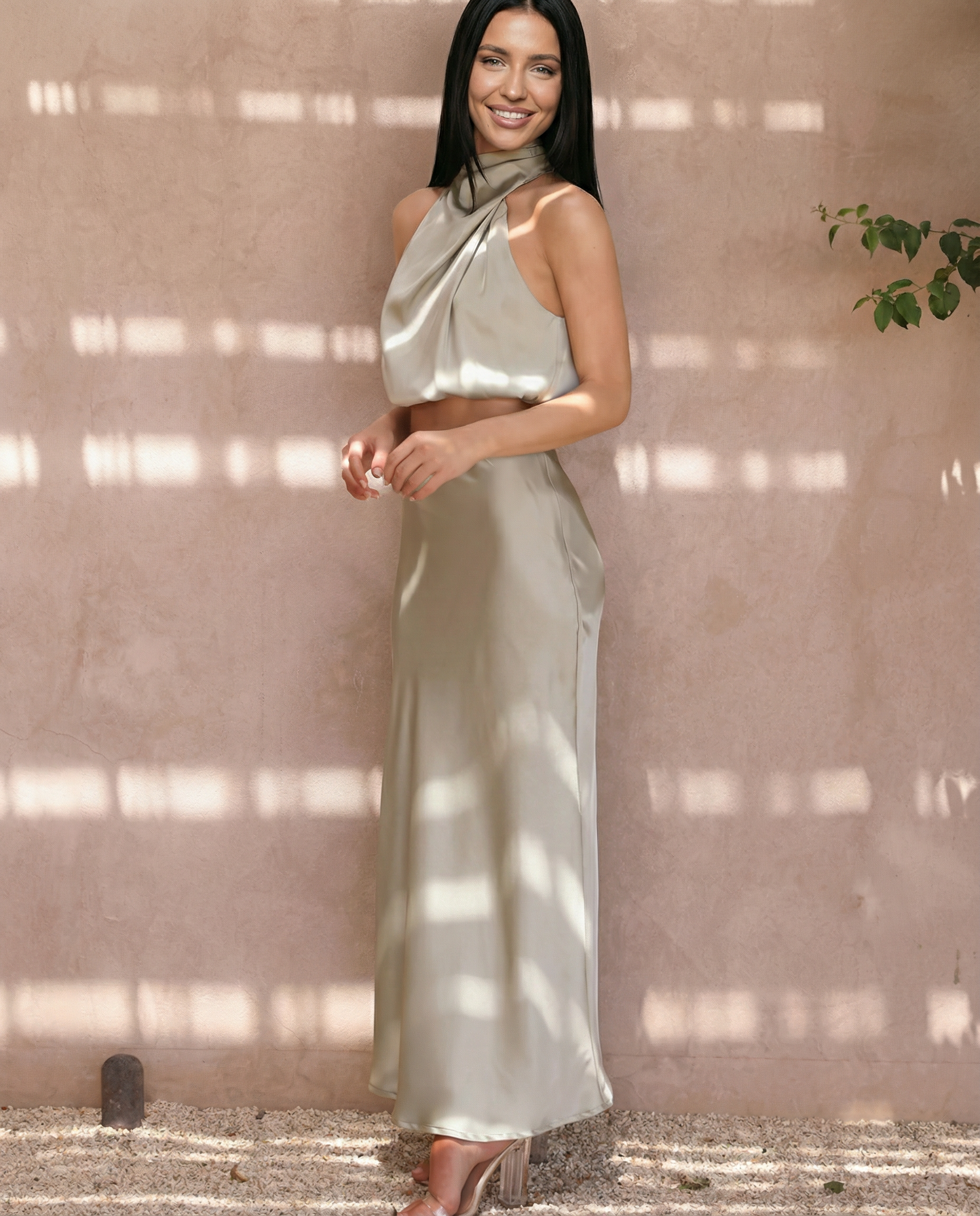 Satin Halter Bias Maxi Set — women's two-piece set, view 9 by Emyri