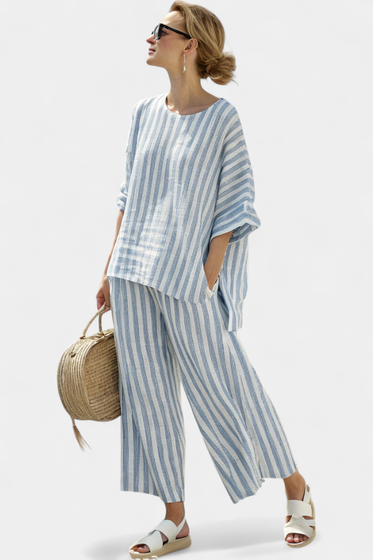 Striped Linen Two-Piece Set — women's two-piece set, view 2 by Emyri