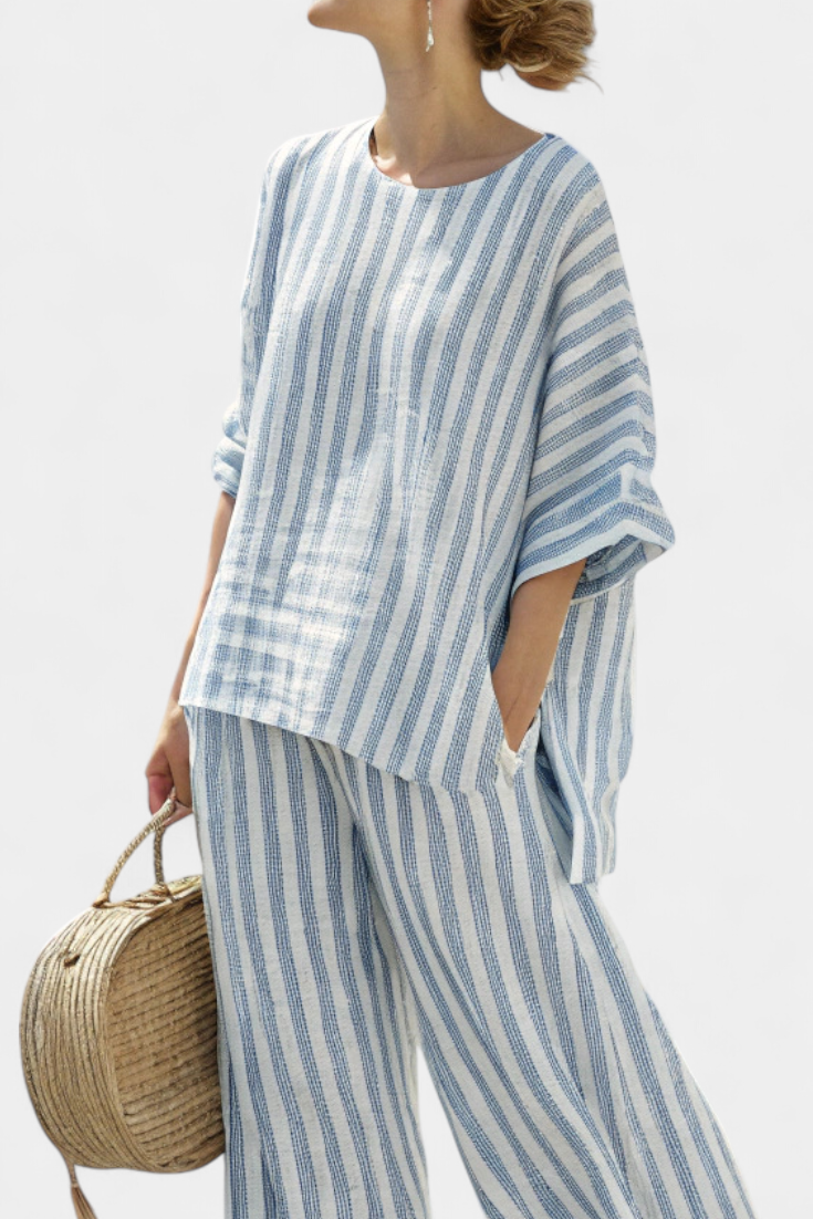 Striped Linen Two-Piece Set — women's two-piece set, view 3 by Emyri