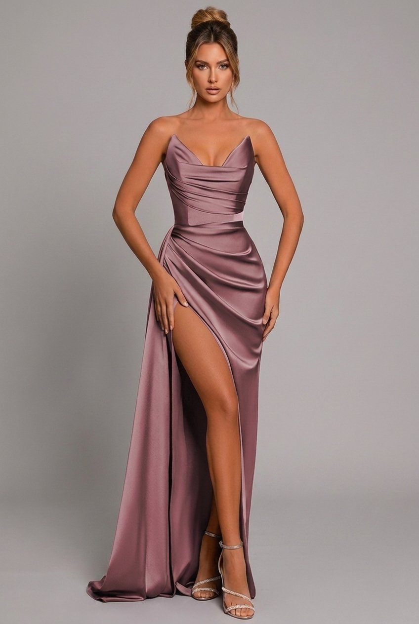 Sweetheart Ruched Satin Maxi Dress — women's maxi dress, view 4 by Emyri