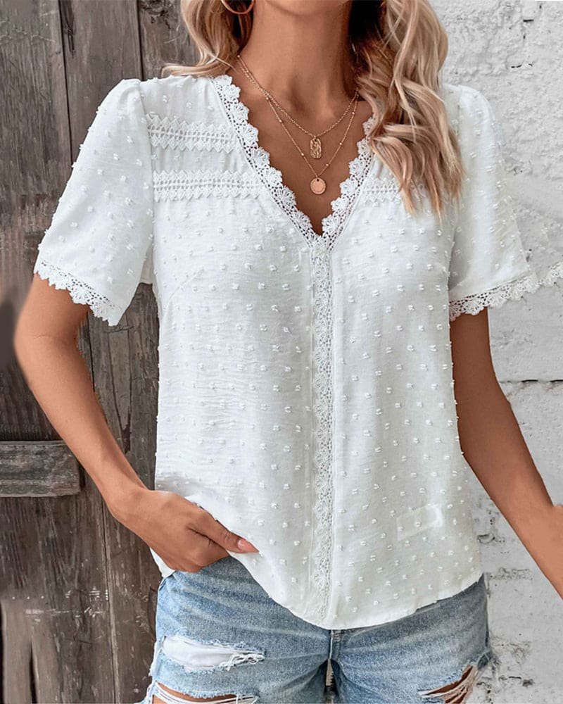 Swiss Dot Lace Trim Puff Sleeve Blouse — women's blouse, view 3 by Emyri