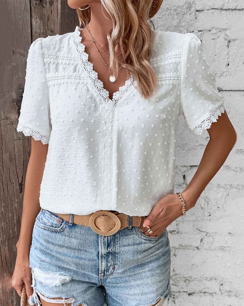 Swiss Dot Lace Trim Puff Sleeve Blouse — women's blouse, view 4 by Emyri