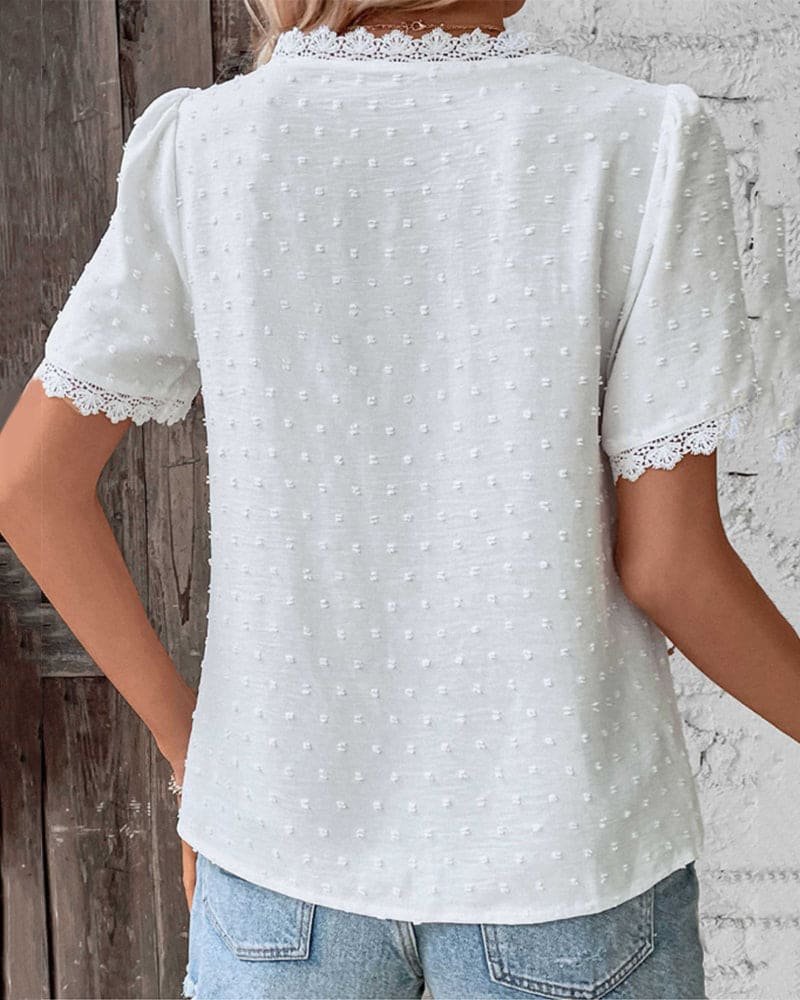 Swiss Dot Lace Trim Puff Sleeve Blouse — women's blouse, view 5 by Emyri