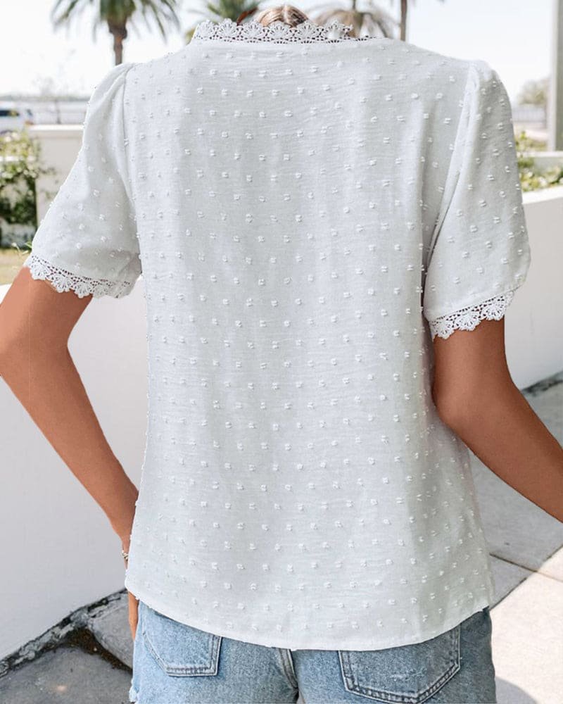 Swiss Dot Lace Trim Puff Sleeve Blouse — women's blouse, view 8 by Emyri