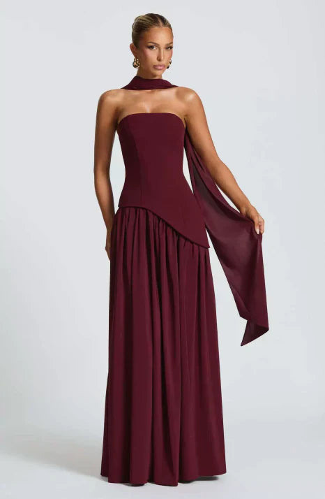 Strapless Draped Scarf Maxi Dress