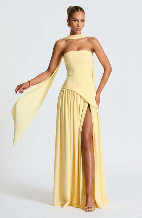 Strapless Draped Scarf Maxi Dress