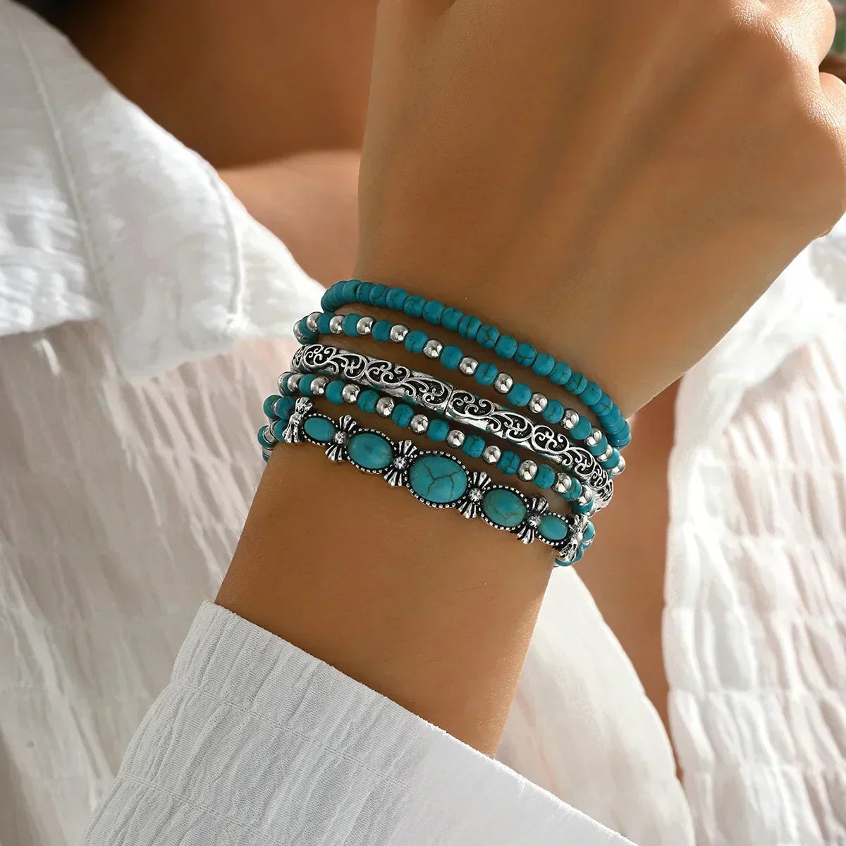 Turquoise Boho Beaded Bracelet Set — women's bracelet set, view 2 by Emyri
