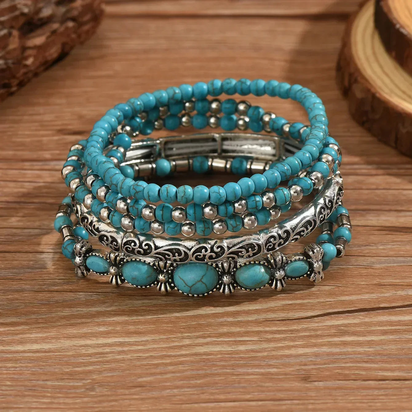 Turquoise Boho Beaded Bracelet Set — women's bracelet set, view 3 by Emyri