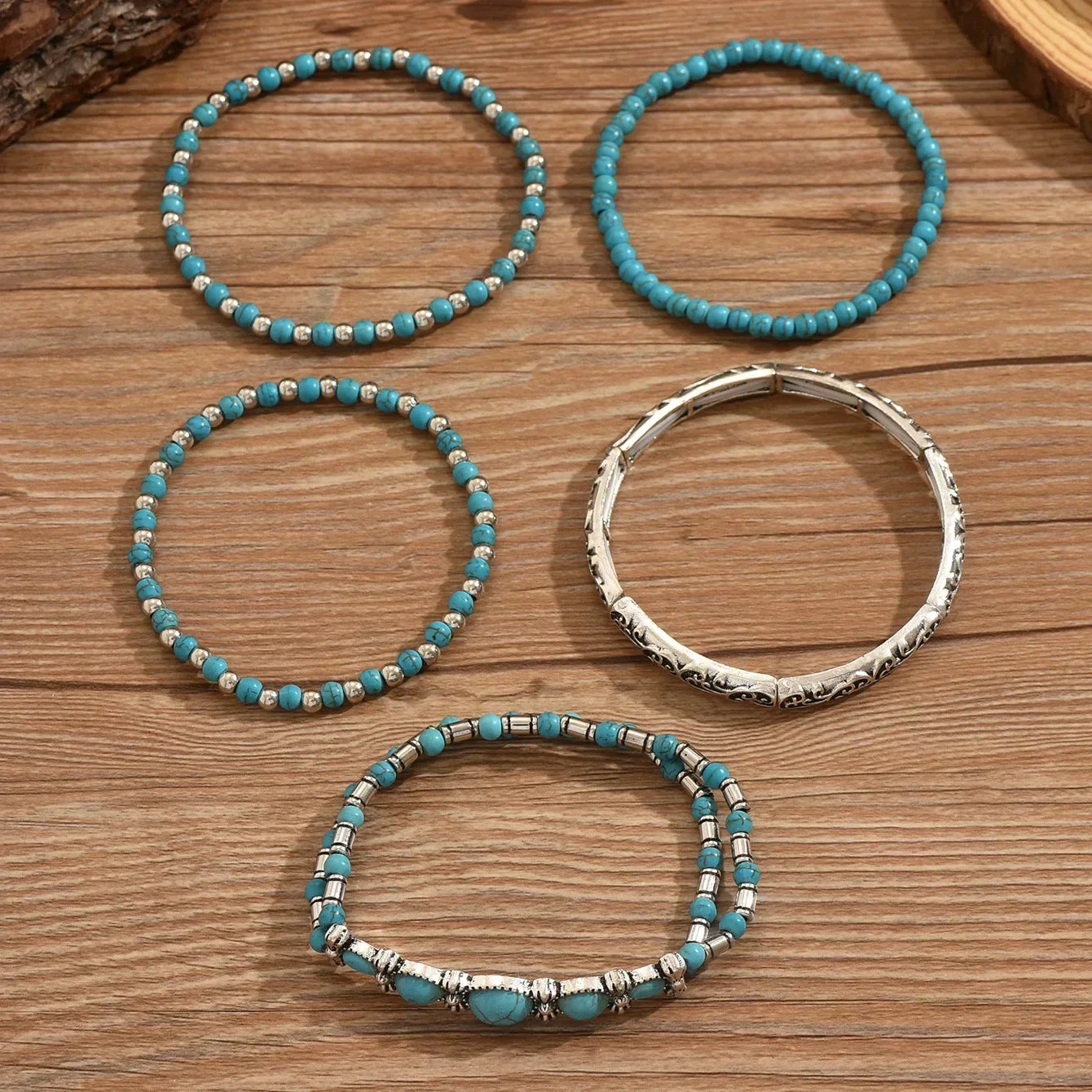 Turquoise Boho Beaded Bracelet Set — women's bracelet set, view 5 by Emyri