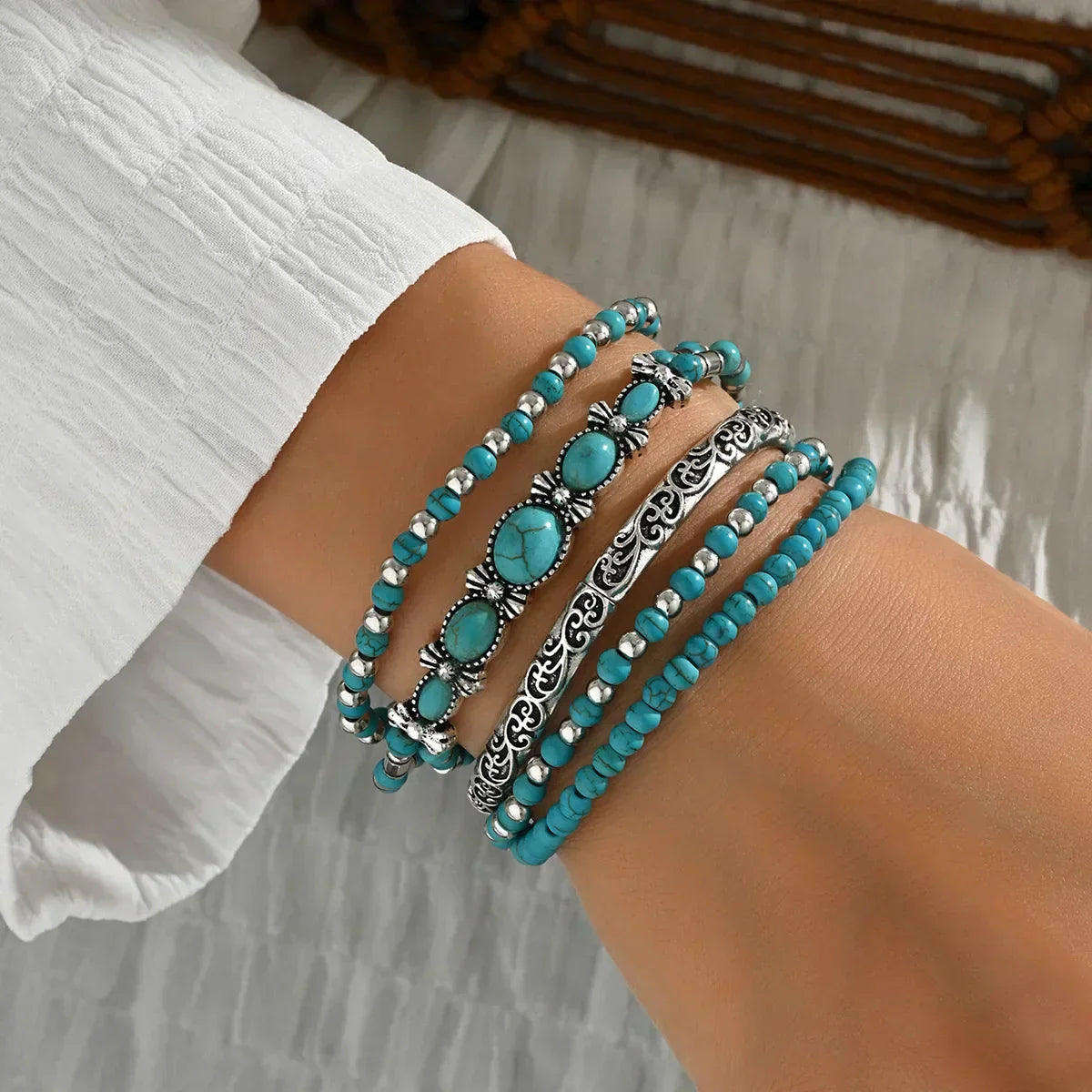 Turquoise Boho Beaded Bracelet Set — women's bracelet set by Emyri