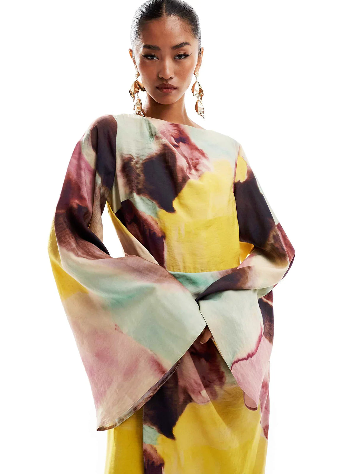 Watercolor Print Twist-Front Maxi Dress — women's maxi dress, view 3 by Emyri