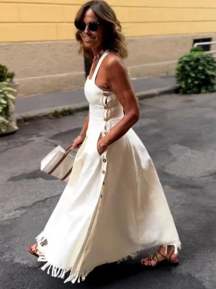 White Fringe Maxi Dress — women's maxi dress, view 6 by Emyri