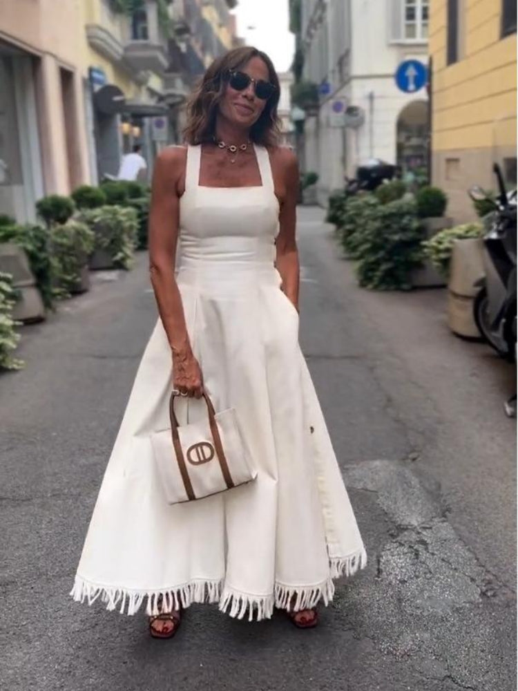 White Fringe Maxi Dress — women's maxi dress by Emyri