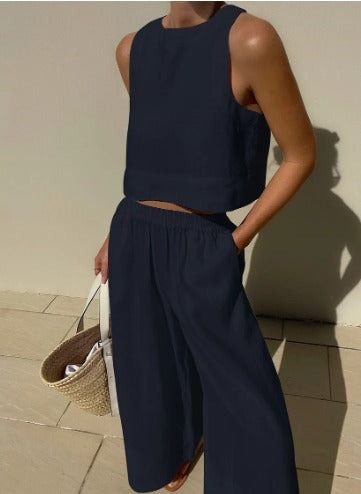 Wide-Leg Linen Two-Piece Set — women's two-piece set, view 4 by Emyri