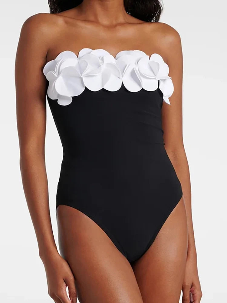 Women's 3D Floral Strapless Black Swimsuit — additional view