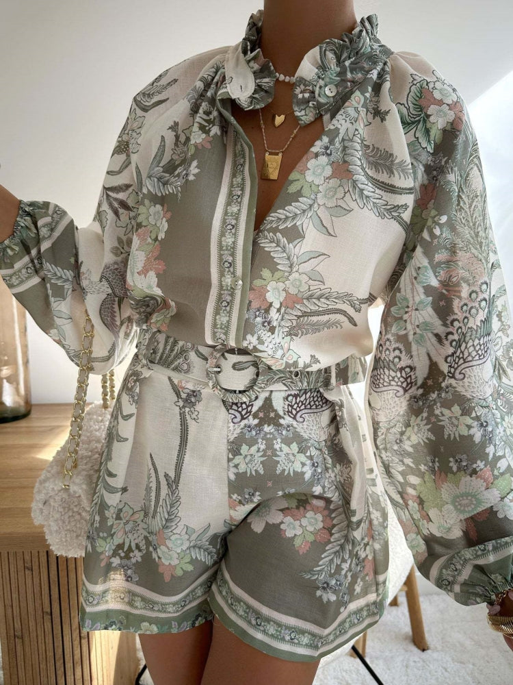 Women's green 3D print long sleeve shorts set — detail