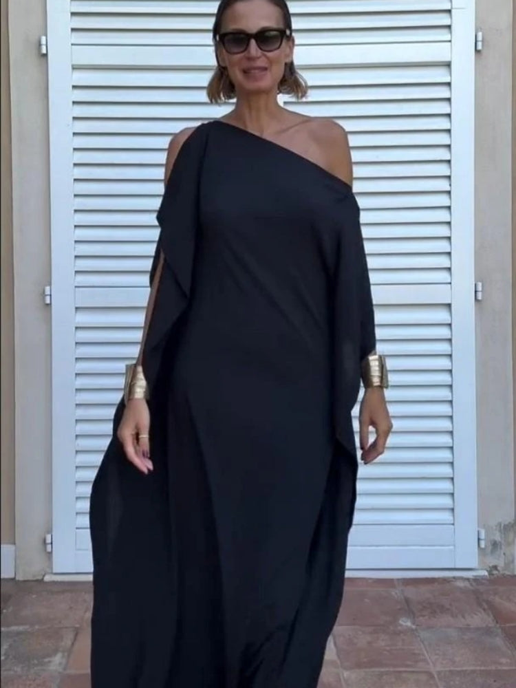 Women's asymmetric belted kaftan maxi dress — styling detail