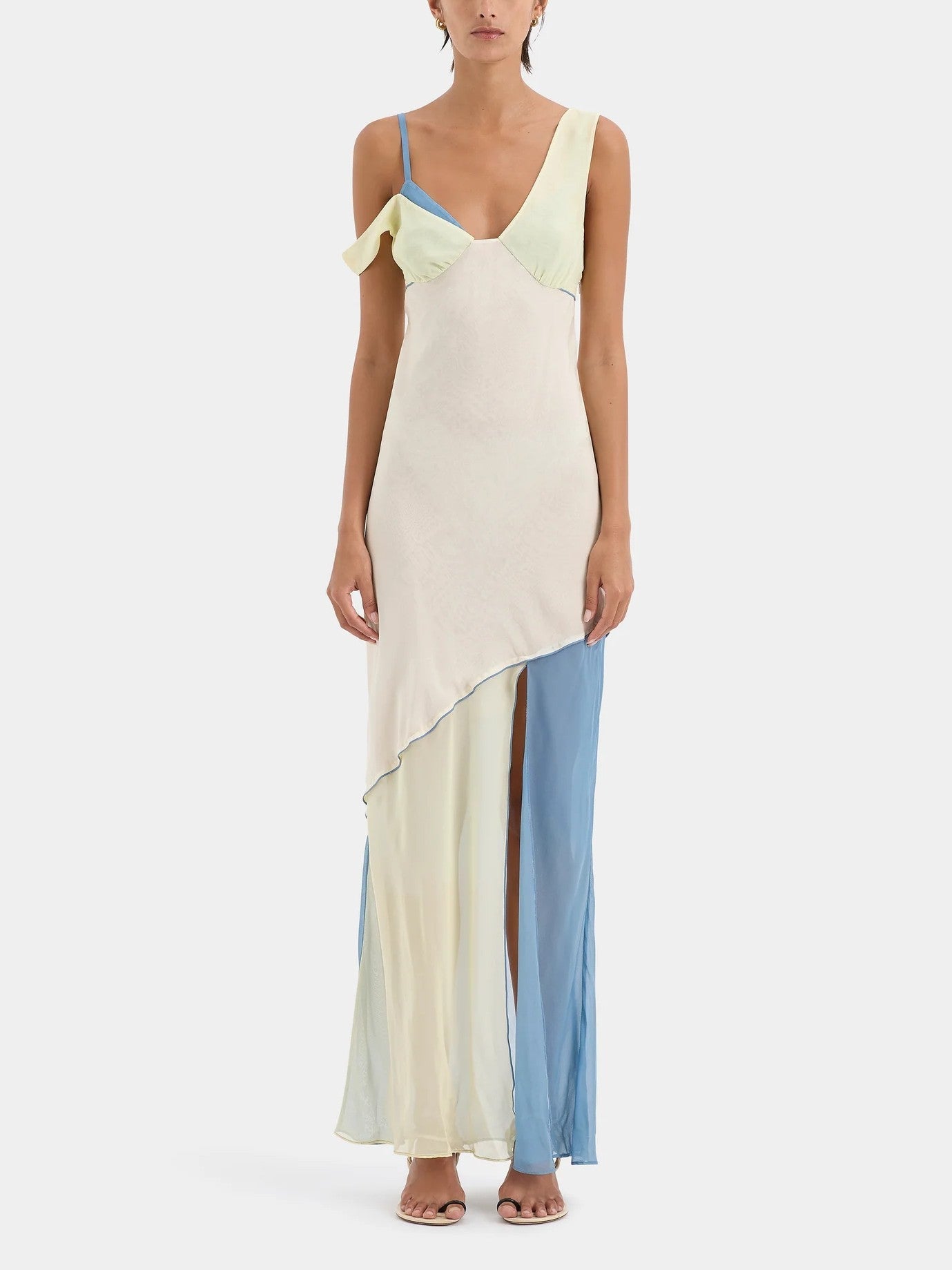 Women's ecru and blue asymmetric bias-cut midi dress