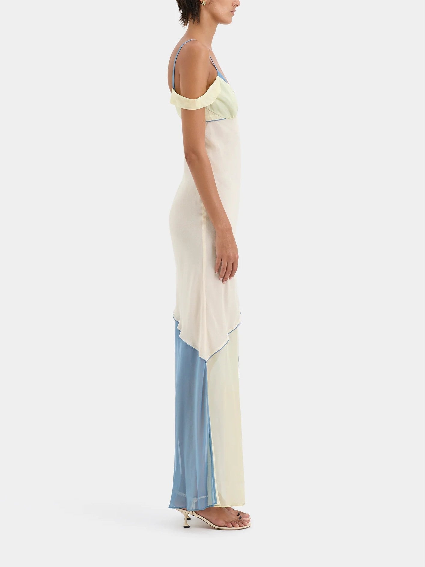 Women's ecru and blue asymmetric bias-cut midi dress — alternate angle
