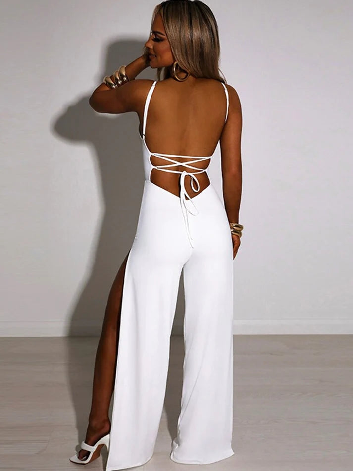 Women's Backless Lace-Up Wide-Leg Jumpsuit