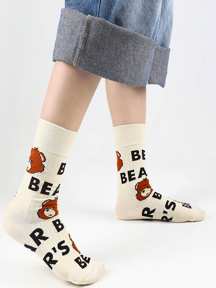 Women's bear alphabet print cotton socks