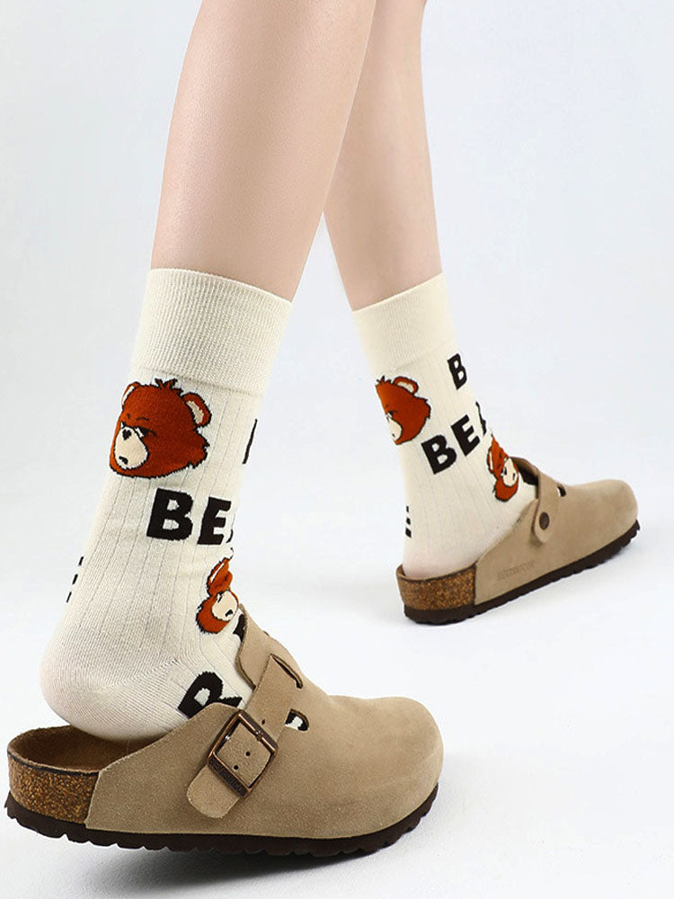 Women's bear alphabet print cotton socks