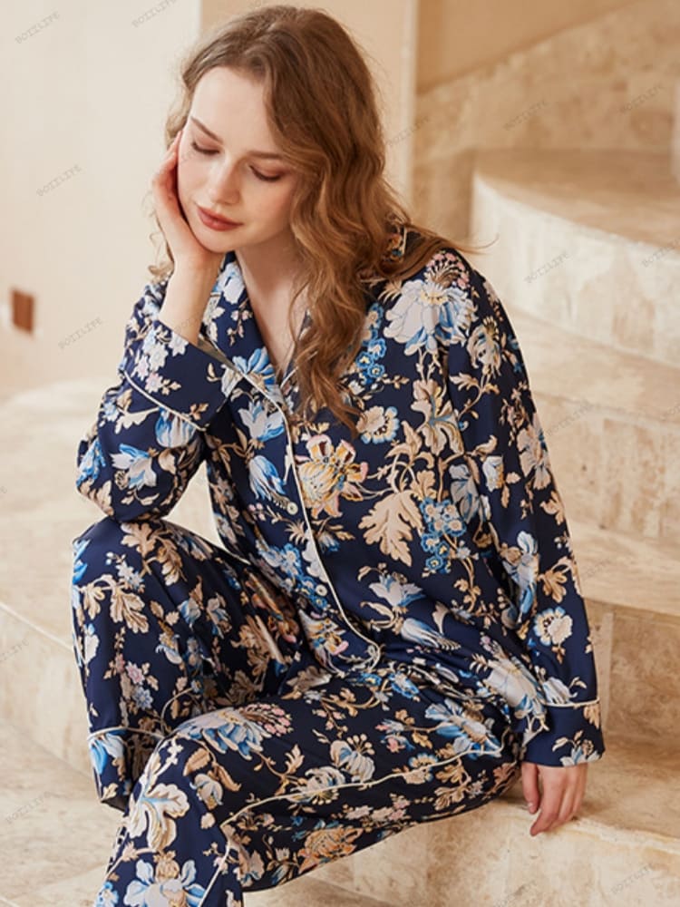 Women's blue begonia floral print pajama set — fabric detail