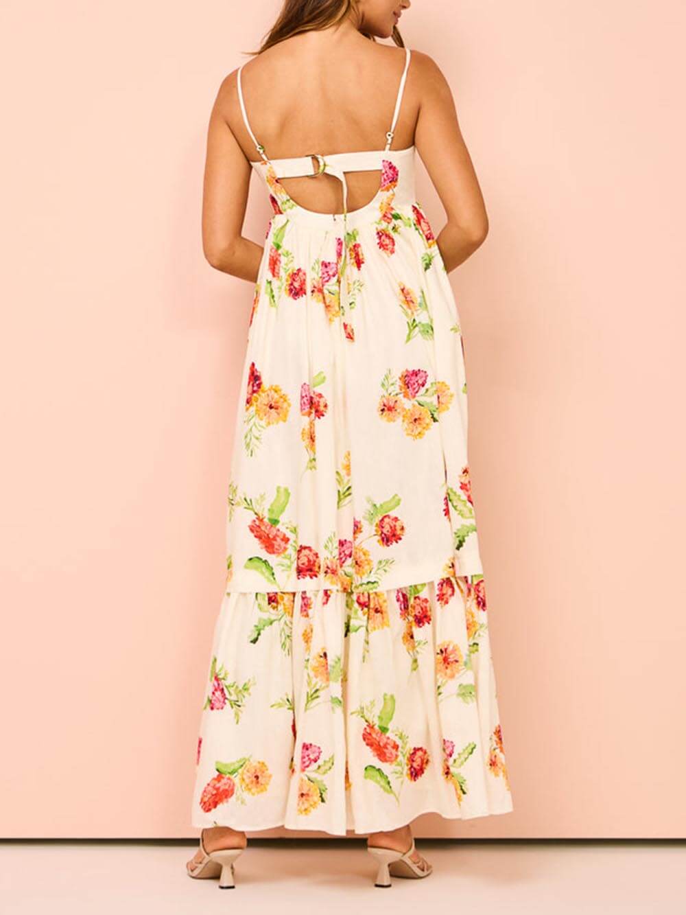 Women's beige floral print halter backless maxi dress